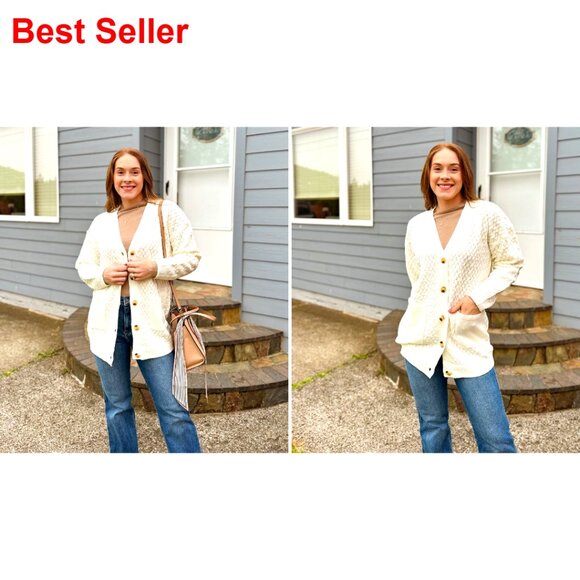 Long Sleeve Cable Knit Cardigan with Pockets Open Front Fall Sweater - Picture 7 of 7